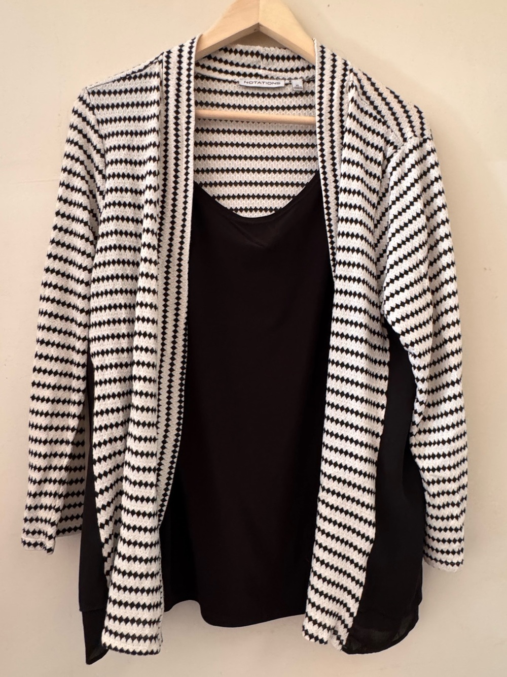 Notations Black and White Striped Open-Front Cardigan with tank front